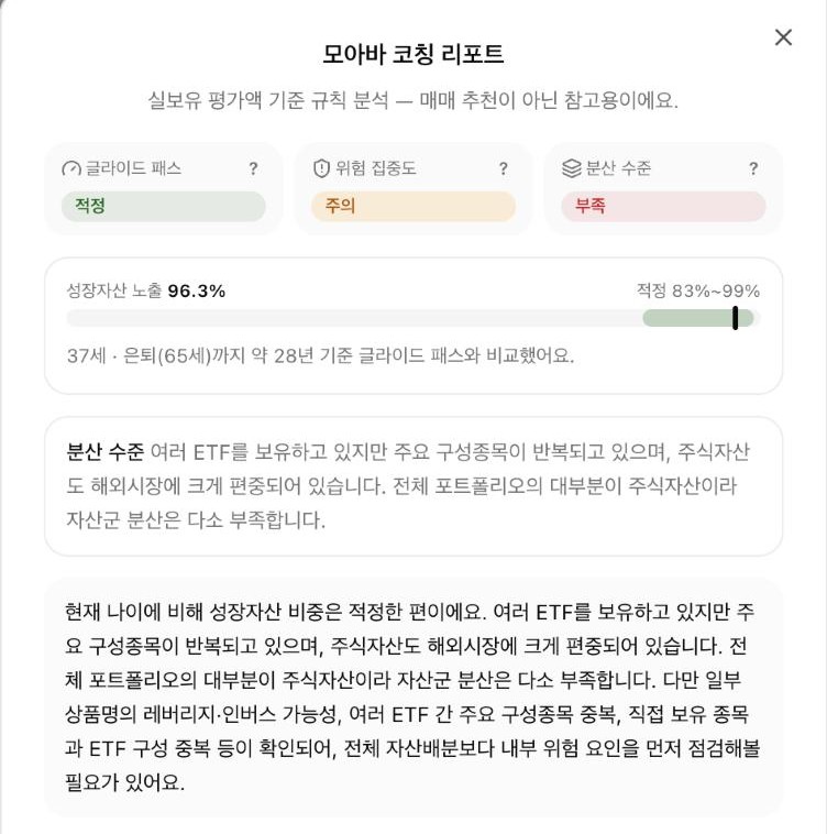 모아바 코칭 리포트 상단: 글라이드 패스, 위험 집중도, 분산 수준과 성장자산 노출