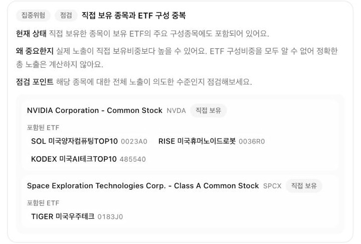 직접 보유한 종목이 어느 ETF에 포함되어 있는지 보여 주는 카드